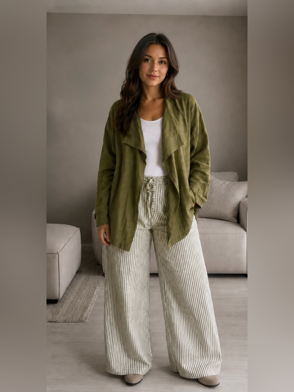 Olive Draped Open-Front Cardigan Sweater